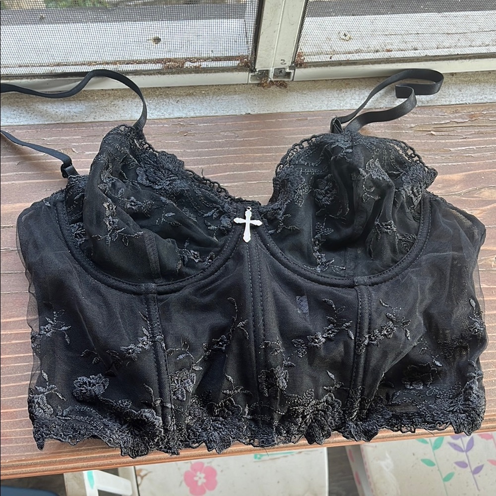 Black Lace Bralette with Cross Detail